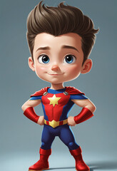 positive confident cute boy in superhero costume, digital painting in 3D cartoon movies style colorful background