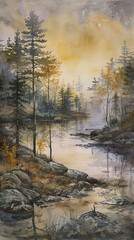 Naklejka na ściany i meble A watercolor depicting a serene landscape, where inner peace triumphs over turmoil in harmony