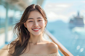 Asian tourist on a cruise ship, enjoying the breathtaking views of the ocean and coastline.