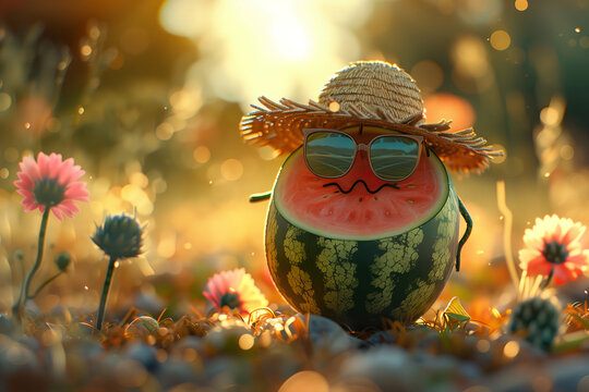 Watermelon in Sunglasses and Straw Hat, Sunset in Whimsical Garden