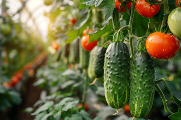 Fresh Cucumbers and Tomatoes Growing on Vine in Sunlit Greenhouse, Sustainable Agriculture - obrazy, fototapety, plakaty