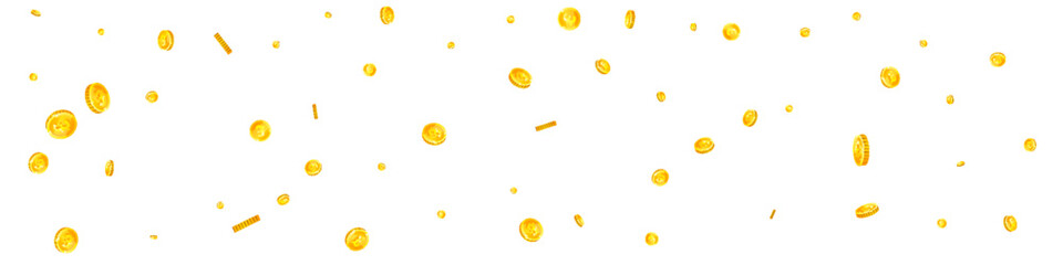 British pound coins falling. Scattered gold GBP - obrazy, fototapety, plakaty
