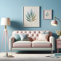 Sofa, pastel colors, isolated on a blue background, Modern stylish sofa, Furniture, interior object