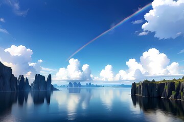  RPGゲーム背景　幸運の虹色が続く青空と反射する水面 - obrazy, fototapety, plakaty