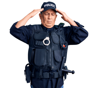 Senior handsome man wearing police uniform suffering from headache desperate and stressed because pain and migraine. hands on head.