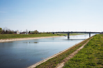 Fototapeta na wymiar Calm idyllic spring sunny day on river Novi Sad Serbia