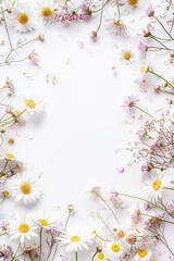 Floral boarder chamomile wildflowers frame with white copy space background realistic style. © Mi Lu