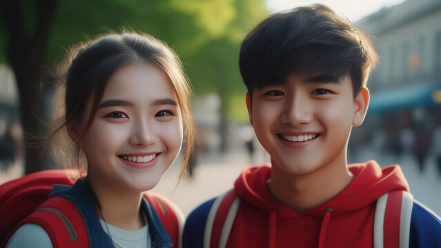 Portrait mongoloid teen kids. Happy cute asian friends on rustic sunny ethnic background. Family love and relationship sibling concept