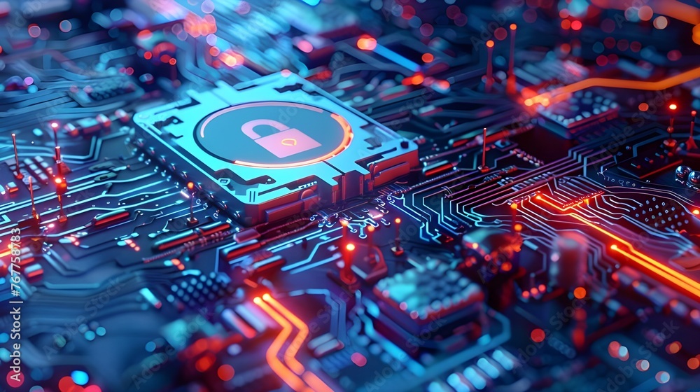 Poster Cyber security concept. Padlock on circuit board background. private information and data concept.