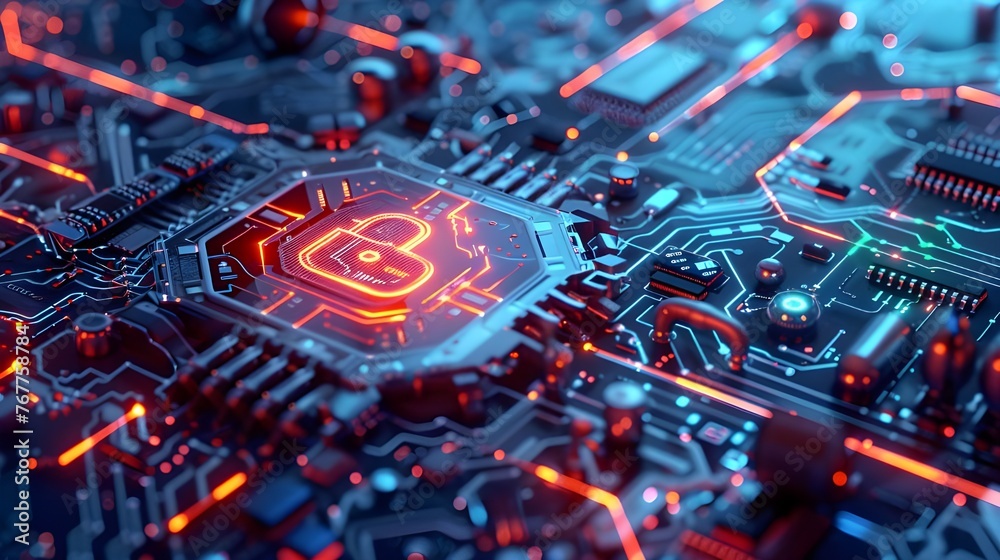 Poster Closeup, red and circuit board hacking in engineering theft, cyber security scam and big data phishing.