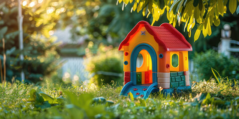 Children's Outdoor Plastic Playhouse in Sunlit Garden, copy space. Vibrant toy house nestled in green summer backyard. - obrazy, fototapety, plakaty