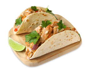 Delicious tacos with meat and parsley isolated on white