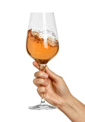 Woman with glass of rose wine isolated on white, closeup