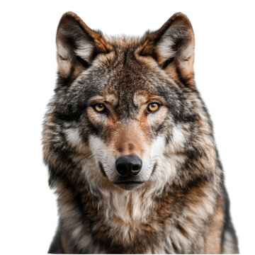Portrait of a gray wolf face on isolated transparent background