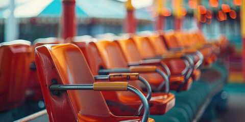 Fototapeta premium Empty roller coaster seats at an amusement park. Close-up of Roller coaster seat await riders, theme park background.