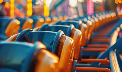 Empty roller coaster seats at an amusement park. Close-up of Roller coaster seat await riders, theme park background. - obrazy, fototapety, plakaty