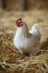 White hen hatching eggs in nest of straw inside a wooden chicken coop. Organic food concept. Farm and agriculture concept.

