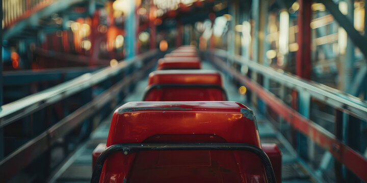 Empty red roller coaster seats at an amusement park. Close-up of Roller coaster seat await riders, theme park background.