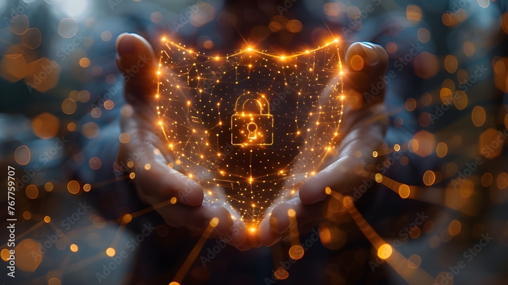 Poster Businessman holding Shield with padlock in hand on global networking connection, Data protection and network security