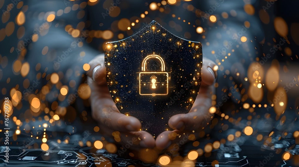 Poster businessman holding shield with padlock in hand on global networking connection. cyber insurance.
