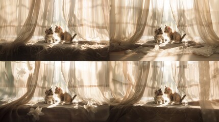 Two adorable kittens engaged in a game of hide-and-seek among sun-dappled curtains. 