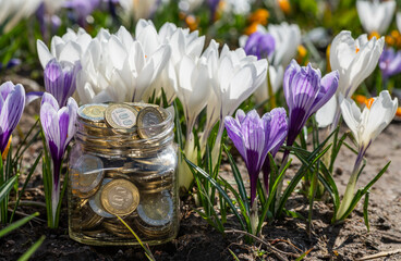 Glass jar with Kazakhstan coins in denominations of 100 and 200 tenge against a background of blooming crocus flowers
