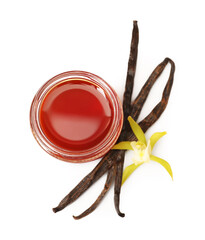 Aromatic vanilla extract, pods and flower isolated on white, top view