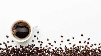 Set of paper take away cups of different black coffee isolated on white background, top view. Coffee cup and beans. Overhead view of backdrop representing halves dark brown coffee beans pleasant scent - obrazy, fototapety, plakaty