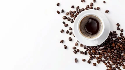 Foto op Plexiglas Set of paper take away cups of different black coffee isolated on white background, top view. Coffee cup and beans. Overhead view of backdrop representing halves dark brown coffee beans pleasant scent © Sittipol 