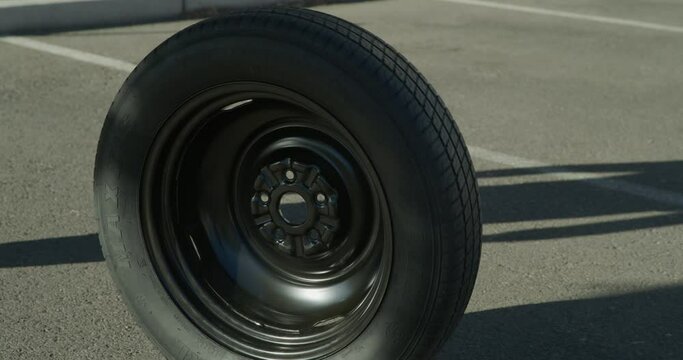 Close up on runaway tire on road