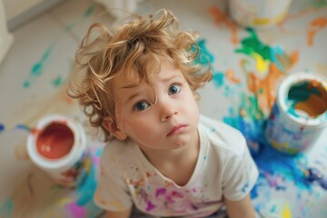 a child with blonde hair is sitting on a floor with a paint can