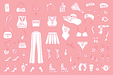 Pink fashion set, pink doll aesthetic accessories, cosmetics and clothes. Vector illustration. Vector illustration