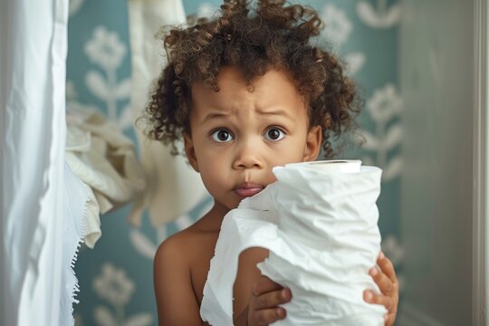 Small African American child with a cold, holding a roll of toilet paper