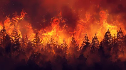 Foto auf Glas Forest fire, wildfire landscape natural disaster background banner panorama Burning flames with smoke development and black silhouette of forest trees. bucket to extinguish the forest fire Countryside © Sittipol 