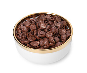 Breakfast cereal. Chocolate corn flakes in bowl isolated on white