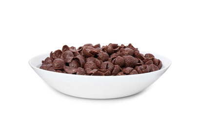 Breakfast cereal. Chocolate corn flakes in bowl isolated on white