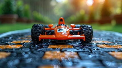 Toy race car in dramatic orange lighting