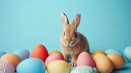 Fototapeta na wymiar Easter Bunny surrounded by colorful Easter eggs in a fluffy, white fur Cute rabbit with eggs, isolated on a farm Easter Bunny surrounded by colorful Easter eggs in a fluffy, white fur Cute rabbit