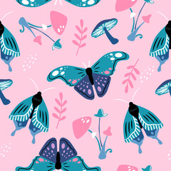Vector seamless pattern of colorful butterflies and mushrooms on pink background. Beautiful trendy background for packaging, fabric, wallpaper.