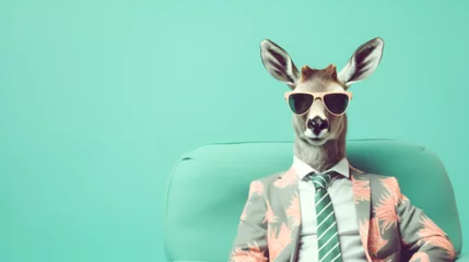Fotobehang A humorous and surreal image of a deer dressed in a business suit and sunglasses, seated confidently in an armchair.  © muhammadjunaidkharal