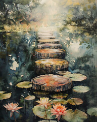 This dreamy watercolor painting depicts a mystical pond scene with blooming lotus flowers and stepping-stone tree stumps, inviting a sense of wonder.