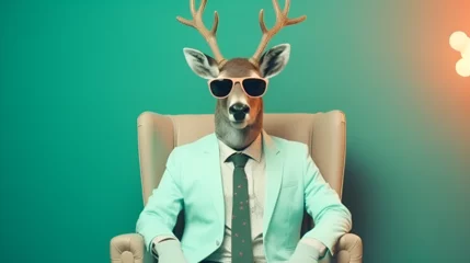 Plexiglas foto achterwand cool deer in sunglasses sitting in a chair  © muhammadjunaidkharal