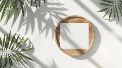 Top view shot a blank greeting card on a wooden plate adorned with a palm leaf, its shadow adding a summery feel. 3D paper card