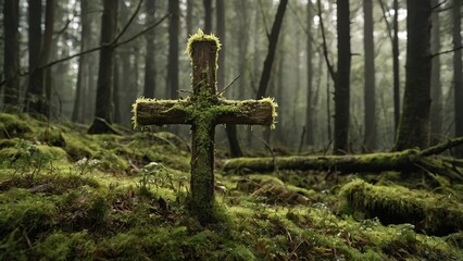 Experience the profound beauty of the cotton cross, enshrouded in moss, a symbol of peace and tranquility in the heart of the green forest.