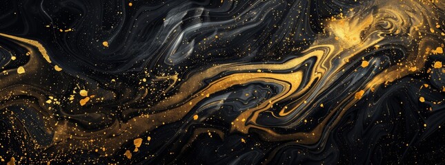 Abstract black and gold marble background with flowing liquid paint. Modern luxury wallpaper design...