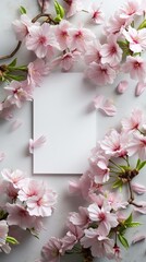 Blank white paper card adorned arrangement a graceful cherry blossom for wedding invitation. 3D mockup invitation card