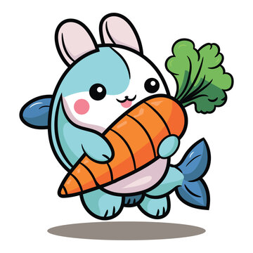 Half fish rabbit holding carrot food cartoon illustration