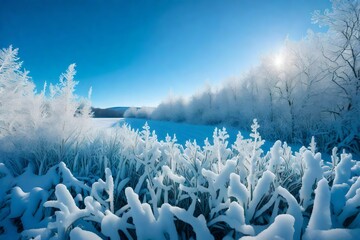 frozen flower on blue winter landscape