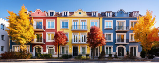 Obraz premium Colored Apartment Buildings in row on sunny street