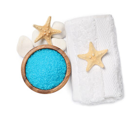 Obraz na płótnie Canvas Light blue sea salt in bowl, spa stones, starfishes and towel isolated on white, top view